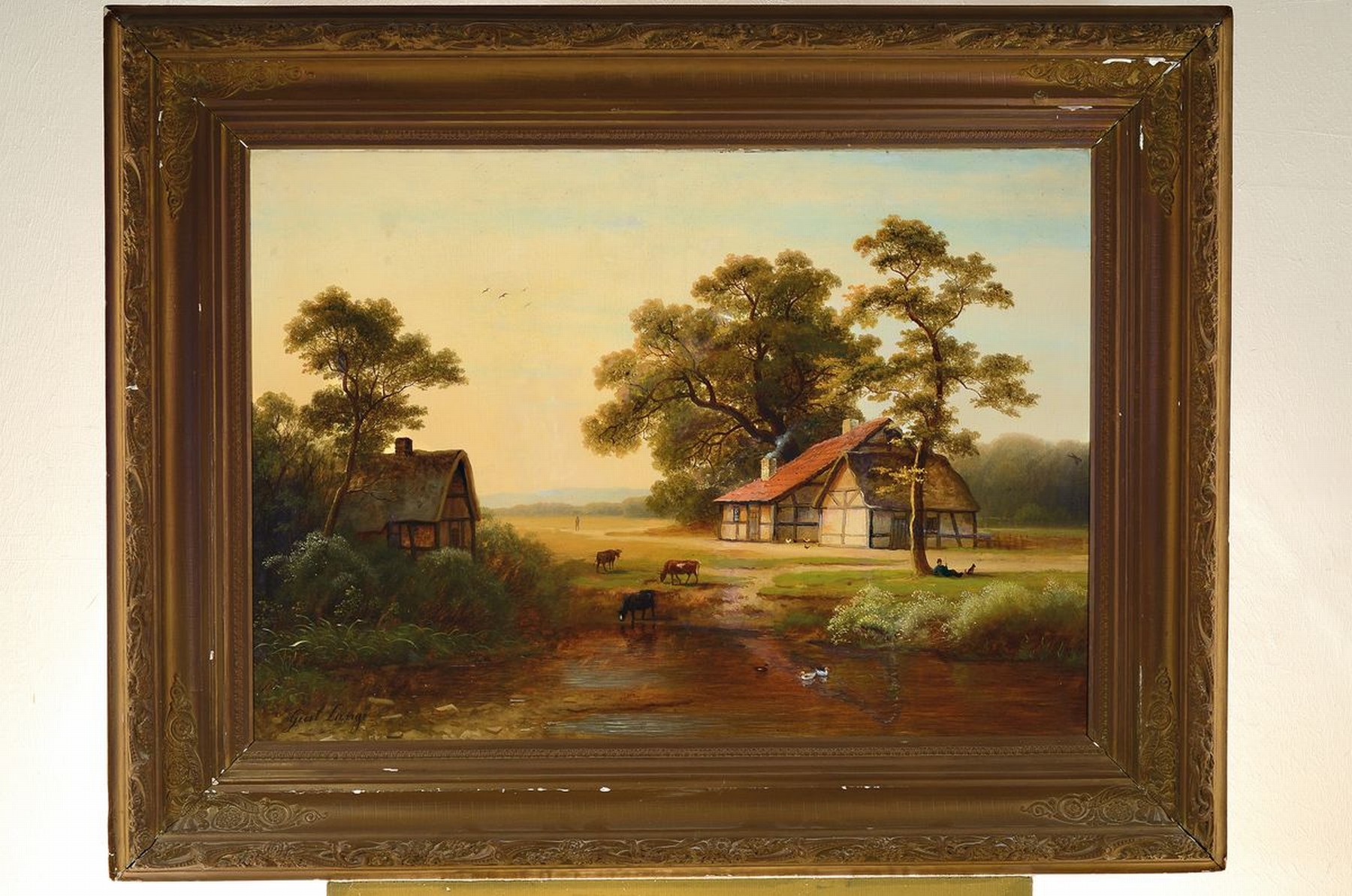 Detail k: Geert Lange, 2. Hälfte 19. Jh., Flußlandschaft mit Kühen und Hof, Öl/Lwd, li. unten signiert, krakeliert, l. Altersspuren, teilrestauriert, ca. ...