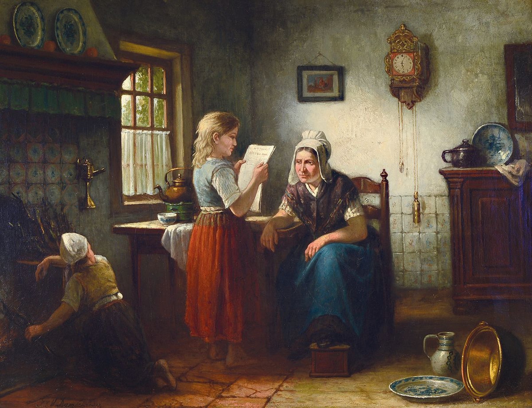 Jan Jacobus Matthijs Damschröder, 1825 Amsterdam - 1905 Velsen, Genremalerei, die Tochter liest der Mutter aus der Zeitung vor, links vorne ein ...