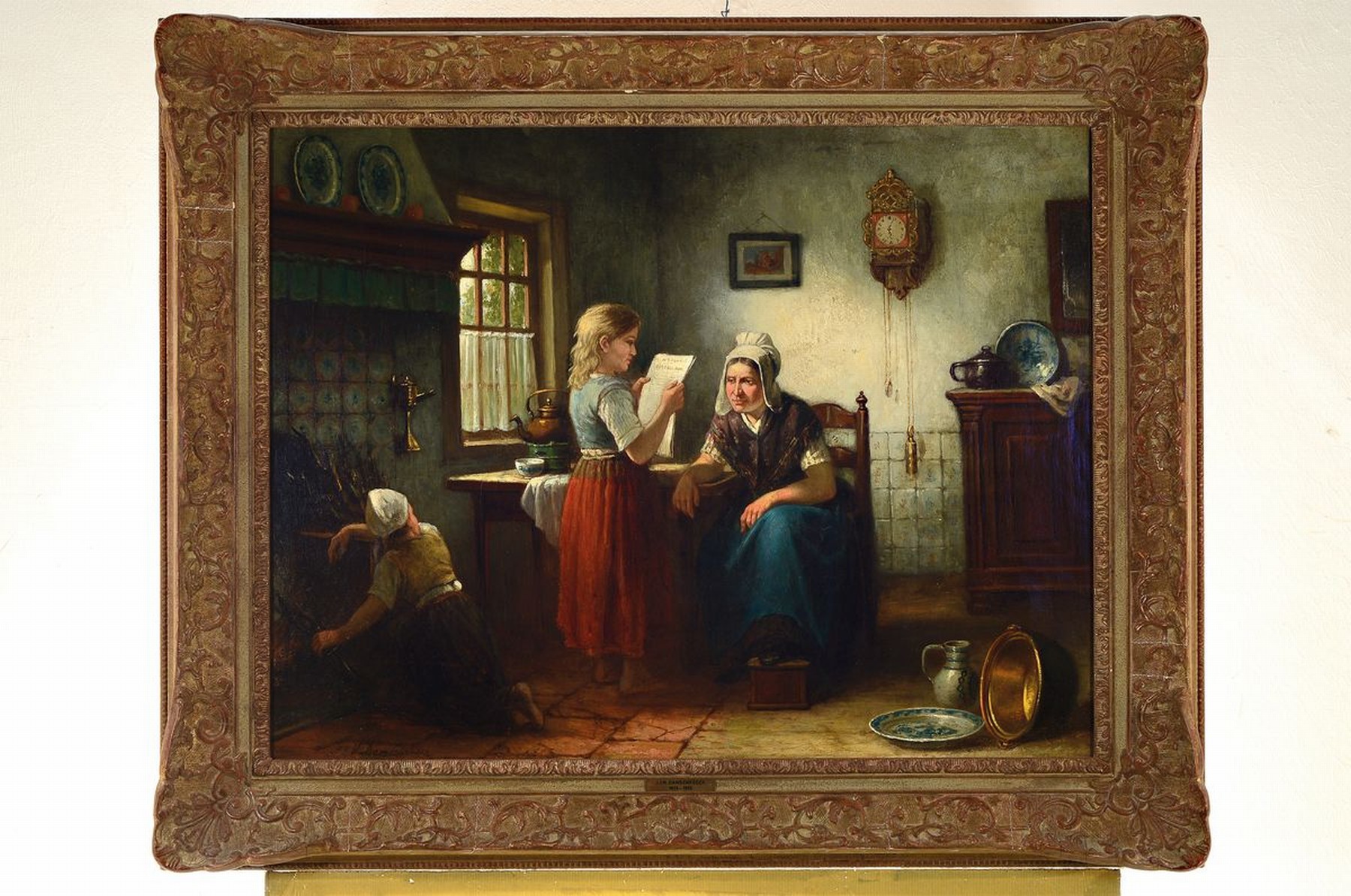 Detail k: Jan Jacobus Matthijs Damschröder, 1825 Amsterdam - 1905 Velsen, Genremalerei, die Tochter liest der Mutter aus der Zeitung vor, links vorne ein ...