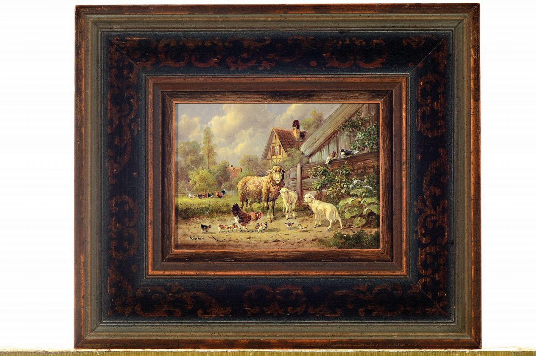 Detail k: Hubert Kaplan, geb. 1940 München, idyllische Bauernlandschaft mit Tieren, Schafe und Hühner vor einem Bauernhof, erzählende Miniaturmalerei, ...