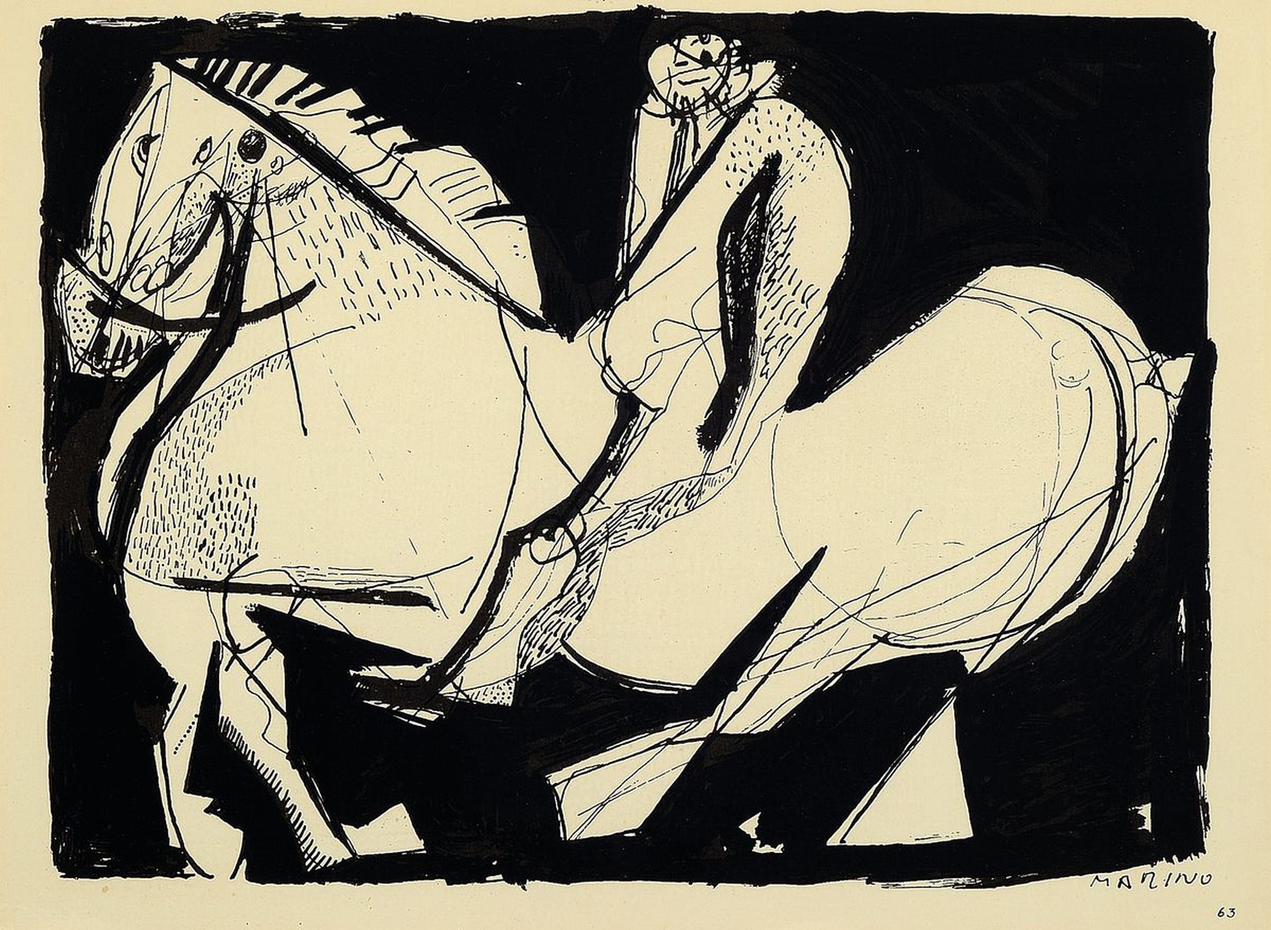 Detail b: Friedrich Jossé, 1897 Wolfstein-1994 Speyer,Reiterfigur, Gouache auf Papier, handsign., ca. 33x37cm, PP, u.Gl., R. ca. 51x71cm dazu Litho Marino ...