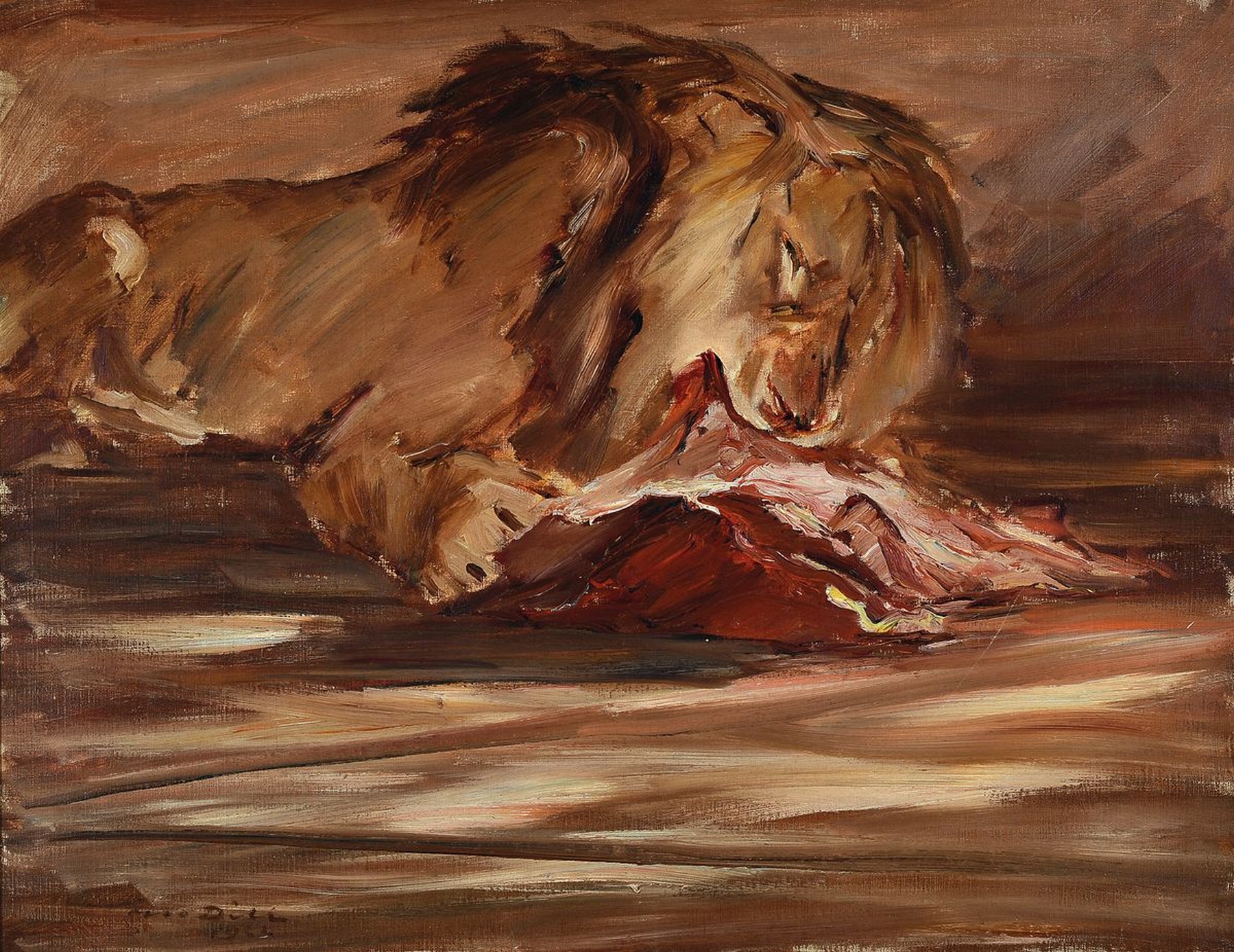 Otto Dill, 1884 Neustadt - 1957 Bad Dürkheim, großformatiges Gemälde mit der Darstellung eines fressenden Löwen, Art des Fressens beispielhaft ...