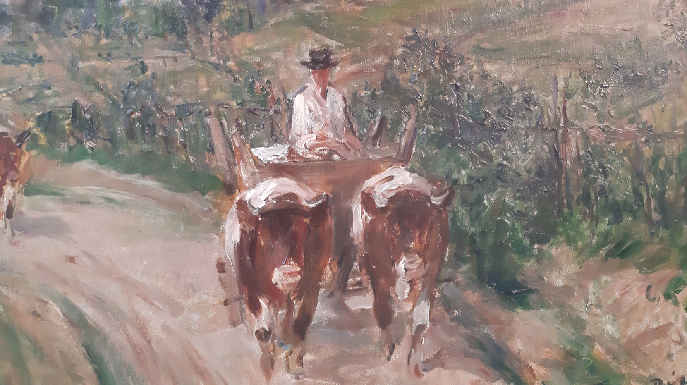 Detail e: Otto Dill, 1884 Neustadt - 1957 Bad Dürkheim, Pfälzer Landschaft mit Ochsenfuhrwerken, aus 1935, Sommerlandschaft wohl bei Birkweiler mit zwei ...