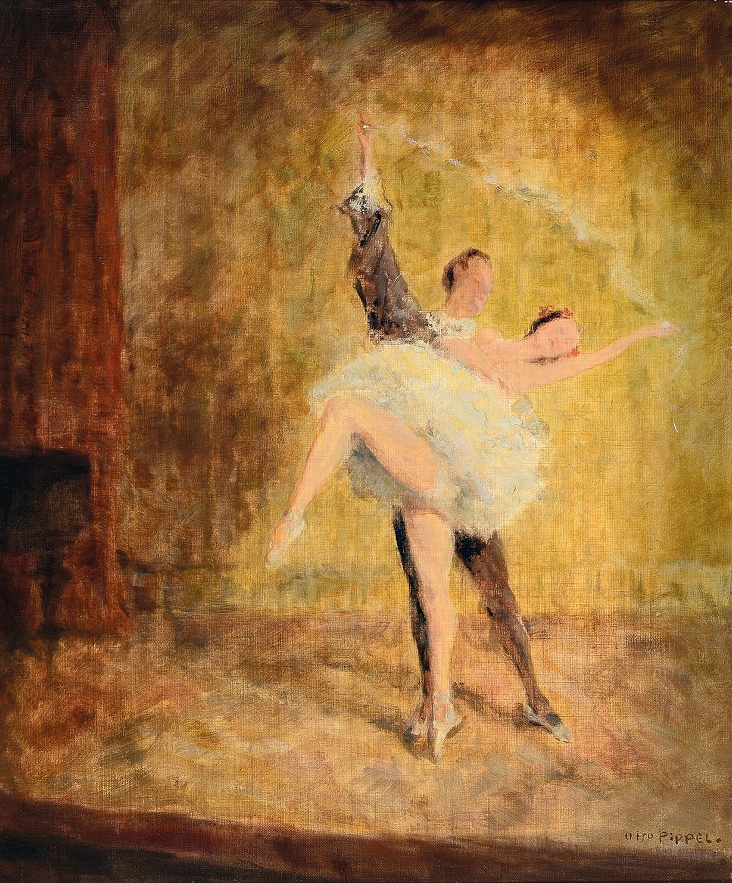 Otto Pippel, 1878 Lodz - 1960 Planegg, Tanzpaar, atmosphärische Ballettszene auf goldfarbenem Hintergrund, Spitzentanzpaar in stiltypischer Pose der ...