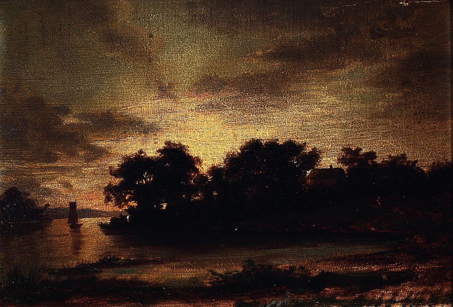 Niederländischer Künstler, 2. Hälfte 19. Jh., Nachtlandschaft, Mondlicht beschienene Flußlandschaft mit Segelboot und Baumbestand am Ufer, kl. ...