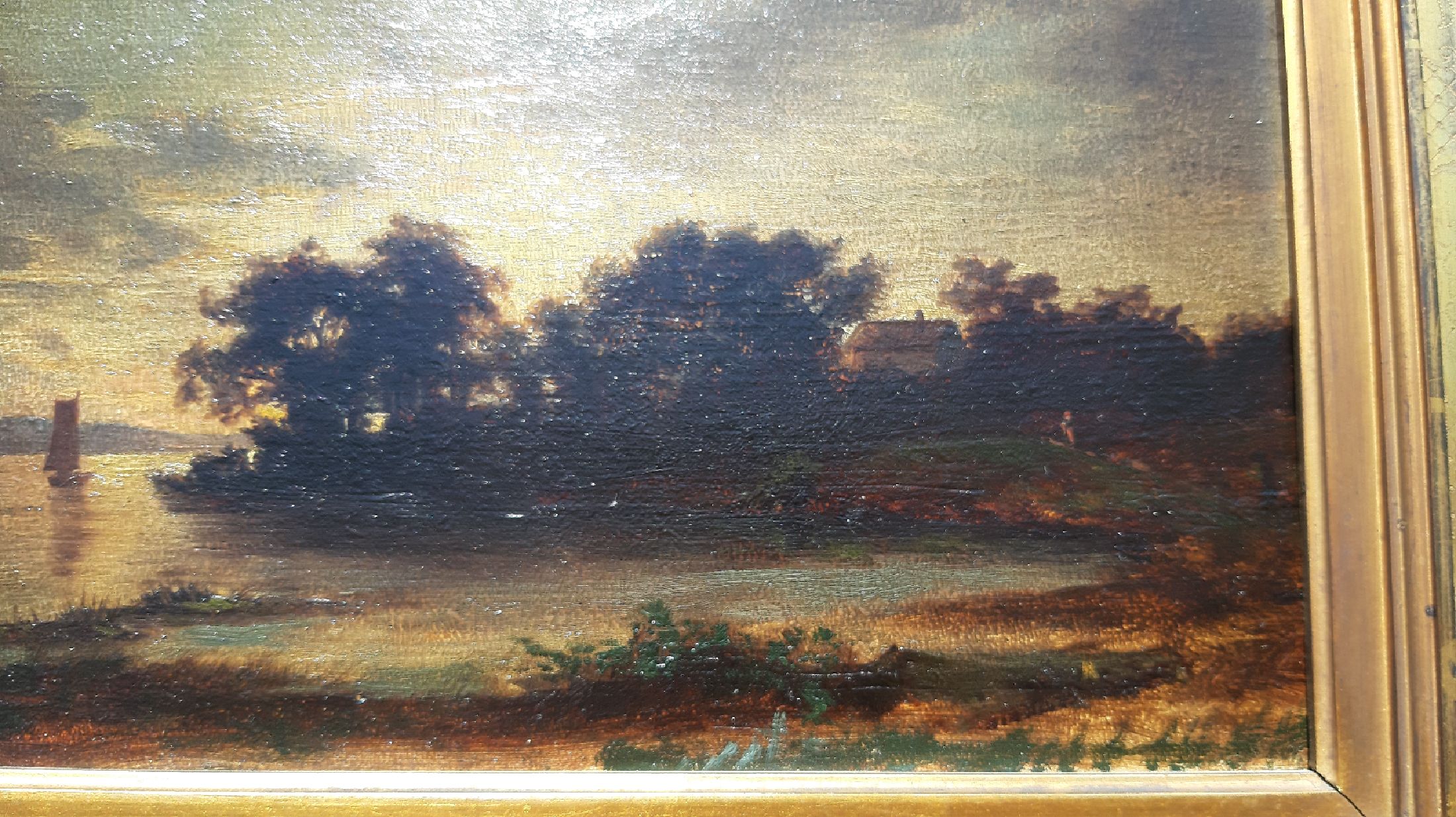 Detail d: Niederländischer Künstler, 2. Hälfte 19. Jh., Nachtlandschaft, Mondlicht beschienene Flußlandschaft mit Segelboot und Baumbestand am Ufer, kl. ...