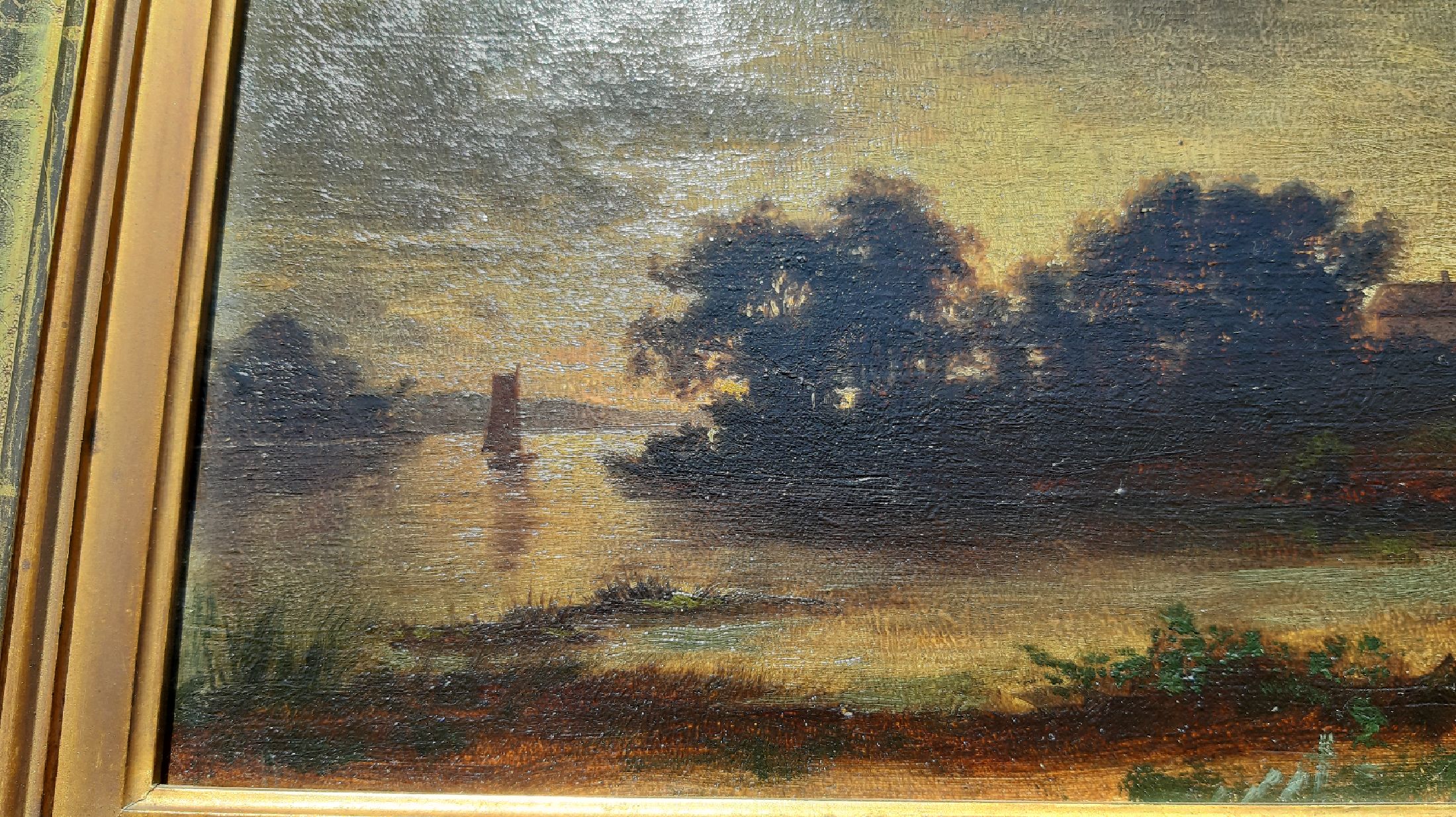 Detail e: Niederländischer Künstler, 2. Hälfte 19. Jh., Nachtlandschaft, Mondlicht beschienene Flußlandschaft mit Segelboot und Baumbestand am Ufer, kl. ...