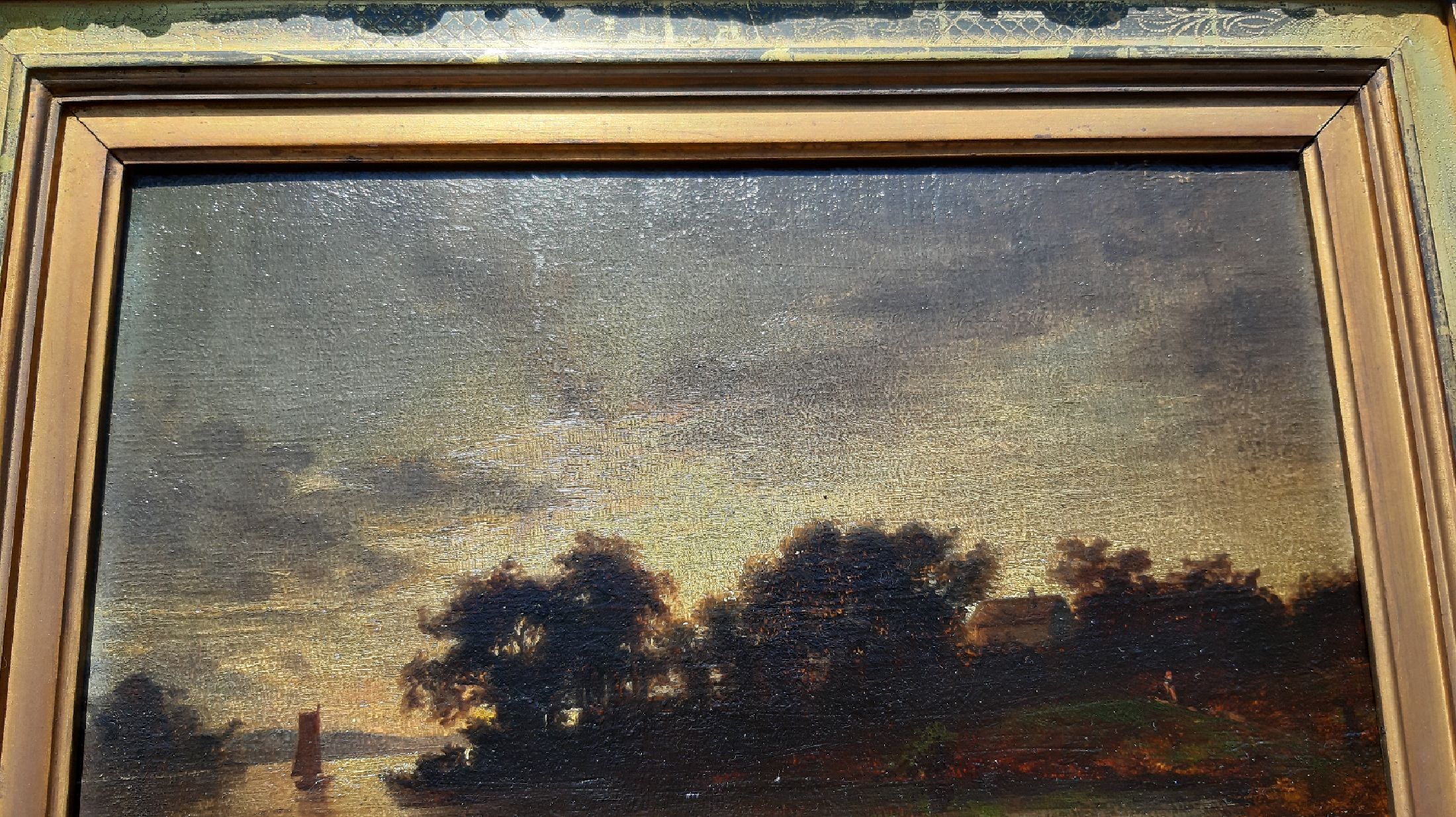 Detail f: Niederländischer Künstler, 2. Hälfte 19. Jh., Nachtlandschaft, Mondlicht beschienene Flußlandschaft mit Segelboot und Baumbestand am Ufer, kl. ...