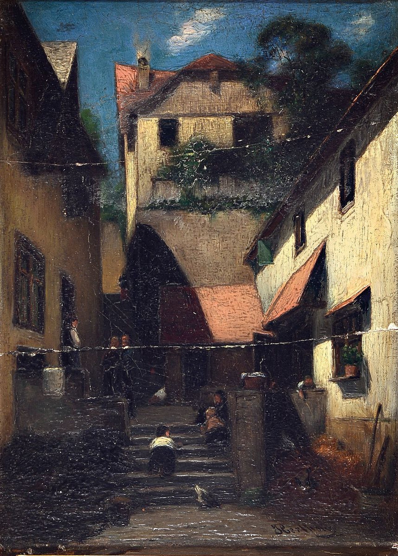 Wilhelm Jakob Hertling, 1849 Katzenelnbogen- 1926 München, Straßenansicht mit spielenden Kindern auf einer Treppe, Öl/Holz, zwei Spannungsrisse, ...