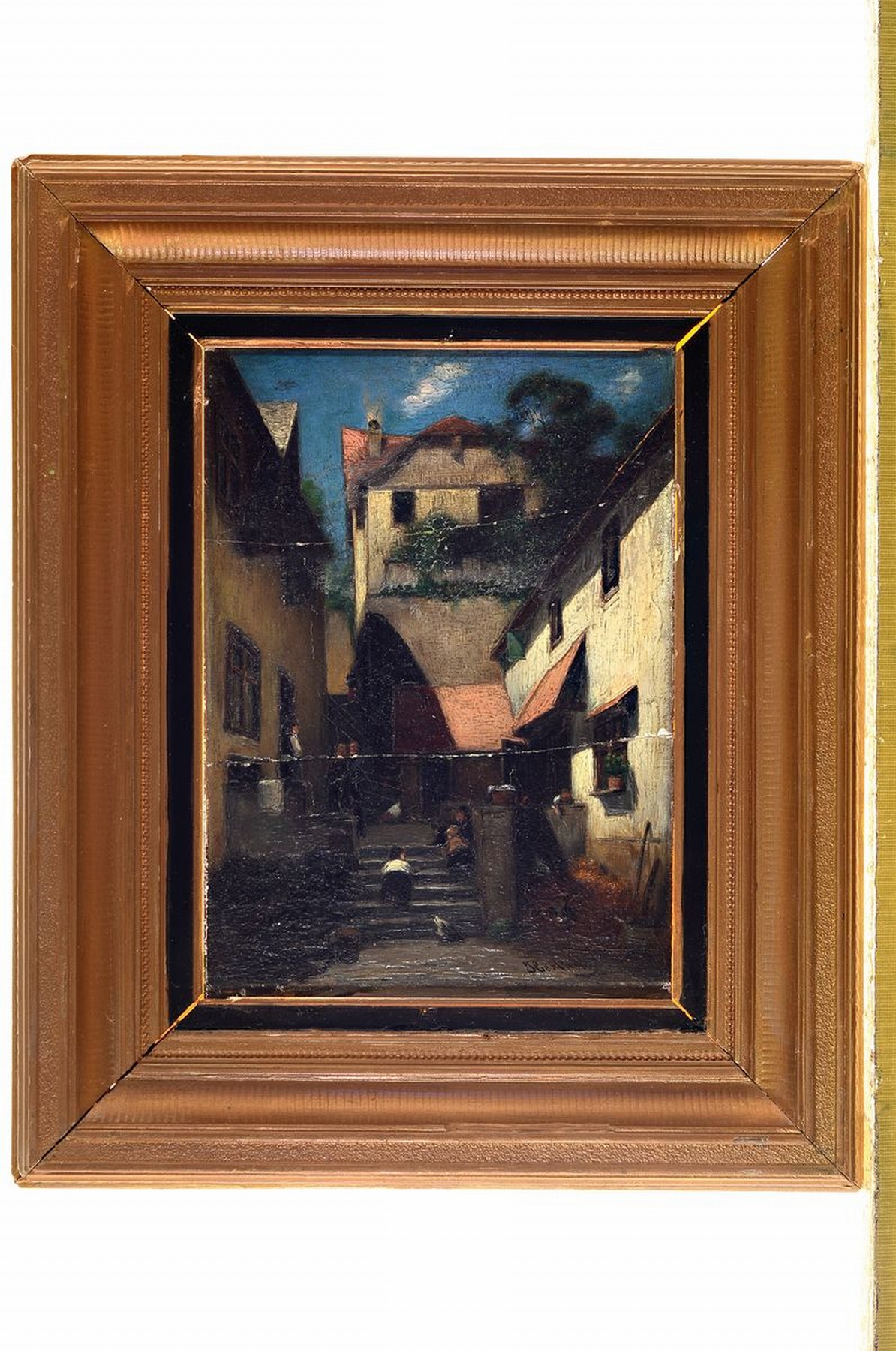 Detail k: Wilhelm Jakob Hertling, 1849 Katzenelnbogen- 1926 München, Straßenansicht mit spielenden Kindern auf einer Treppe, Öl/Holz, zwei Spannungsrisse, ...