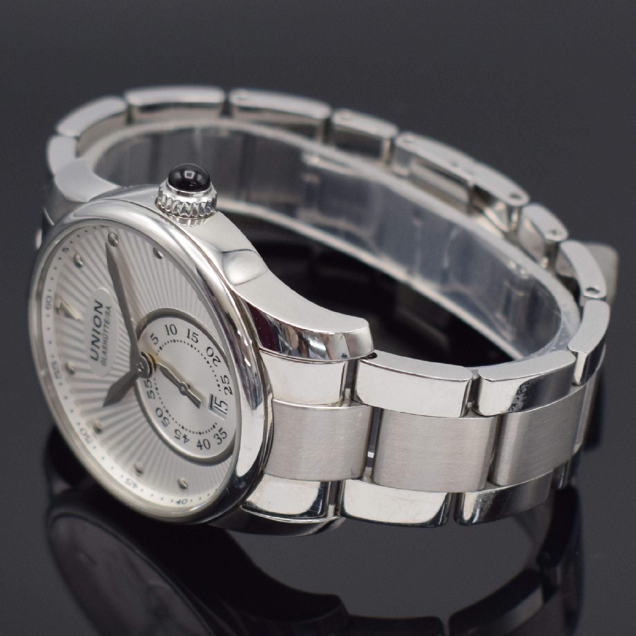 Detail b: UNION GLASHÜTTE/SA Seris Damenarmbanduhr in Stahl, Deutschland um 2015, Automatik, Ref. D004.228 A, beids. vergl. Geh., Boden 4-fach verschr., orig. ...
