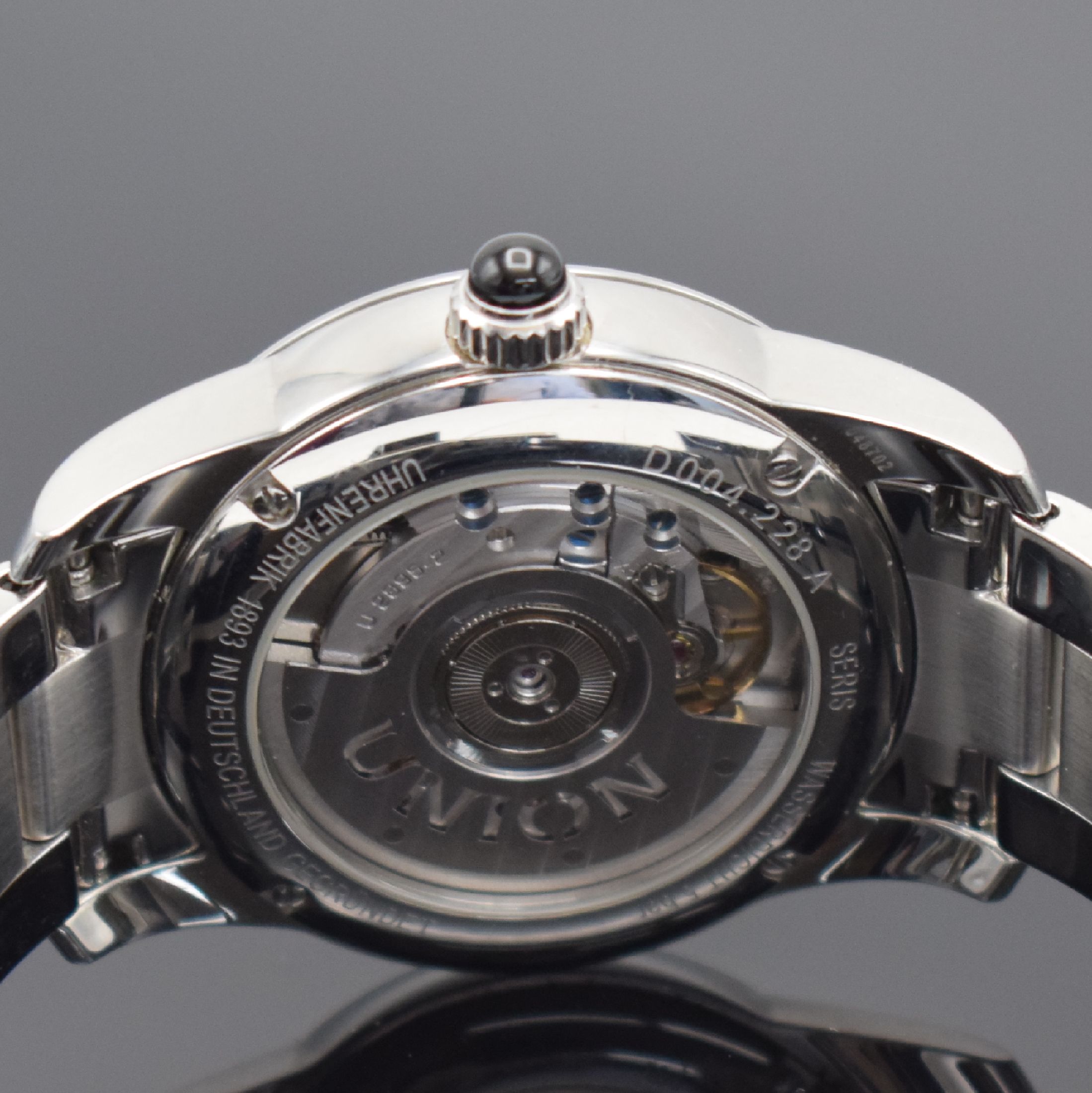 Detail d: UNION GLASHÜTTE/SA Seris Damenarmbanduhr in Stahl, Deutschland um 2015, Automatik, Ref. D004.228 A, beids. vergl. Geh., Boden 4-fach verschr., orig. ...