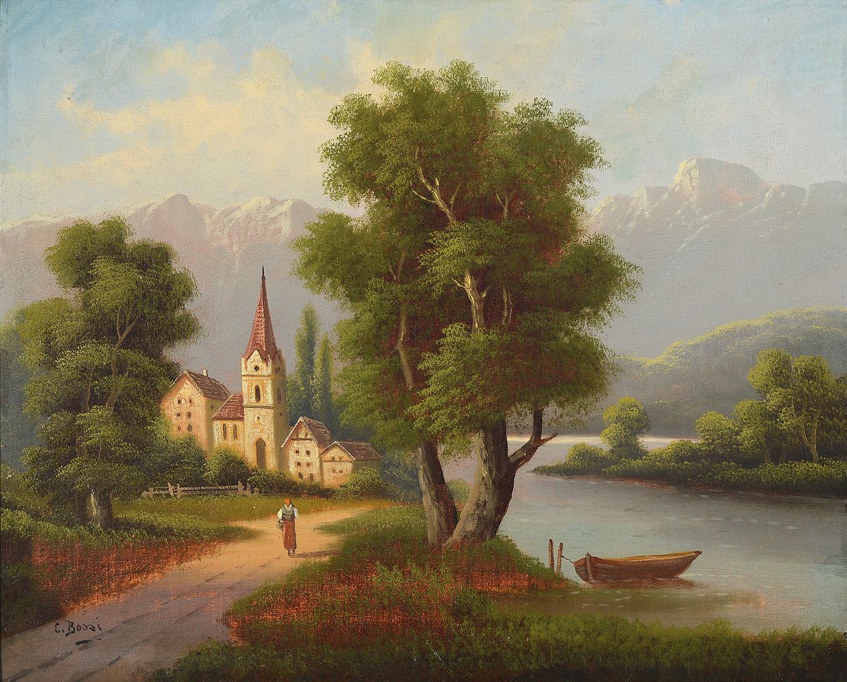 C. Bossi, 2. Hälfte 19. Jh., Alpenlandschaft, Öl/Lwd., li. unten signiert, ca. 55 x 68 cm, rest., Rahmen: 65 x 79 cm
