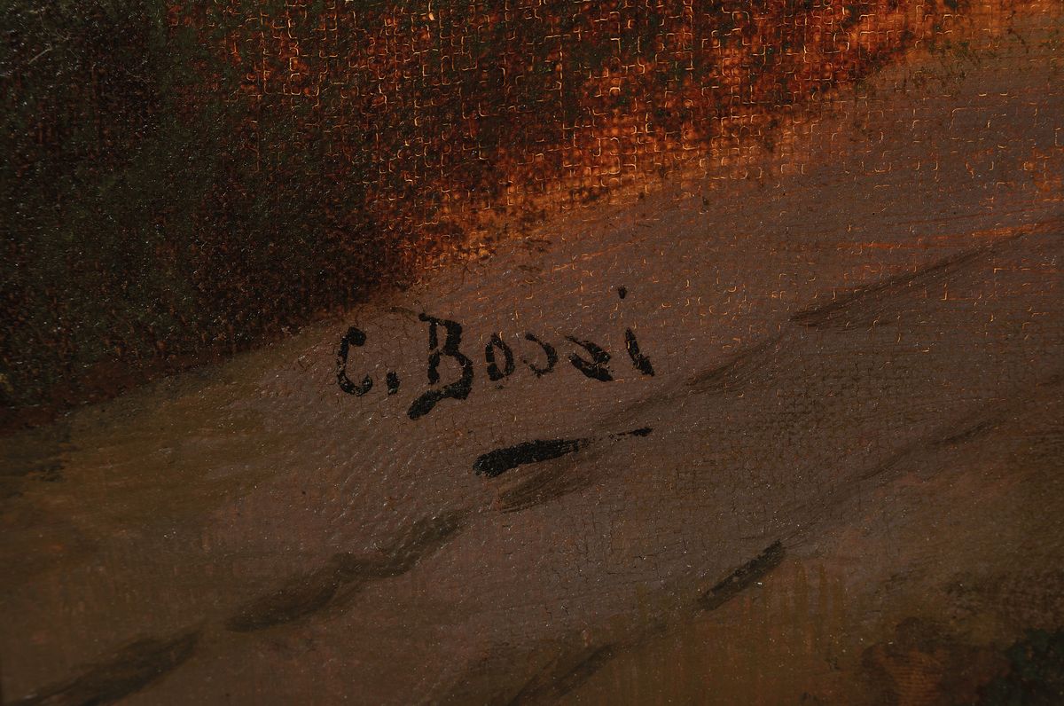 Detail a: C. Bossi, 2. Hälfte 19. Jh., Alpenlandschaft, Öl/Lwd., li. unten signiert, ca. 55 x 68 cm, rest., Rahmen: 65 x 79 cm