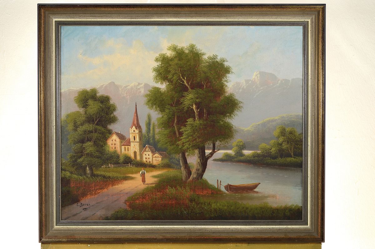 Detail k: C. Bossi, 2. Hälfte 19. Jh., Alpenlandschaft, Öl/Lwd., li. unten signiert, ca. 55 x 68 cm, rest., Rahmen: 65 x 79 cm