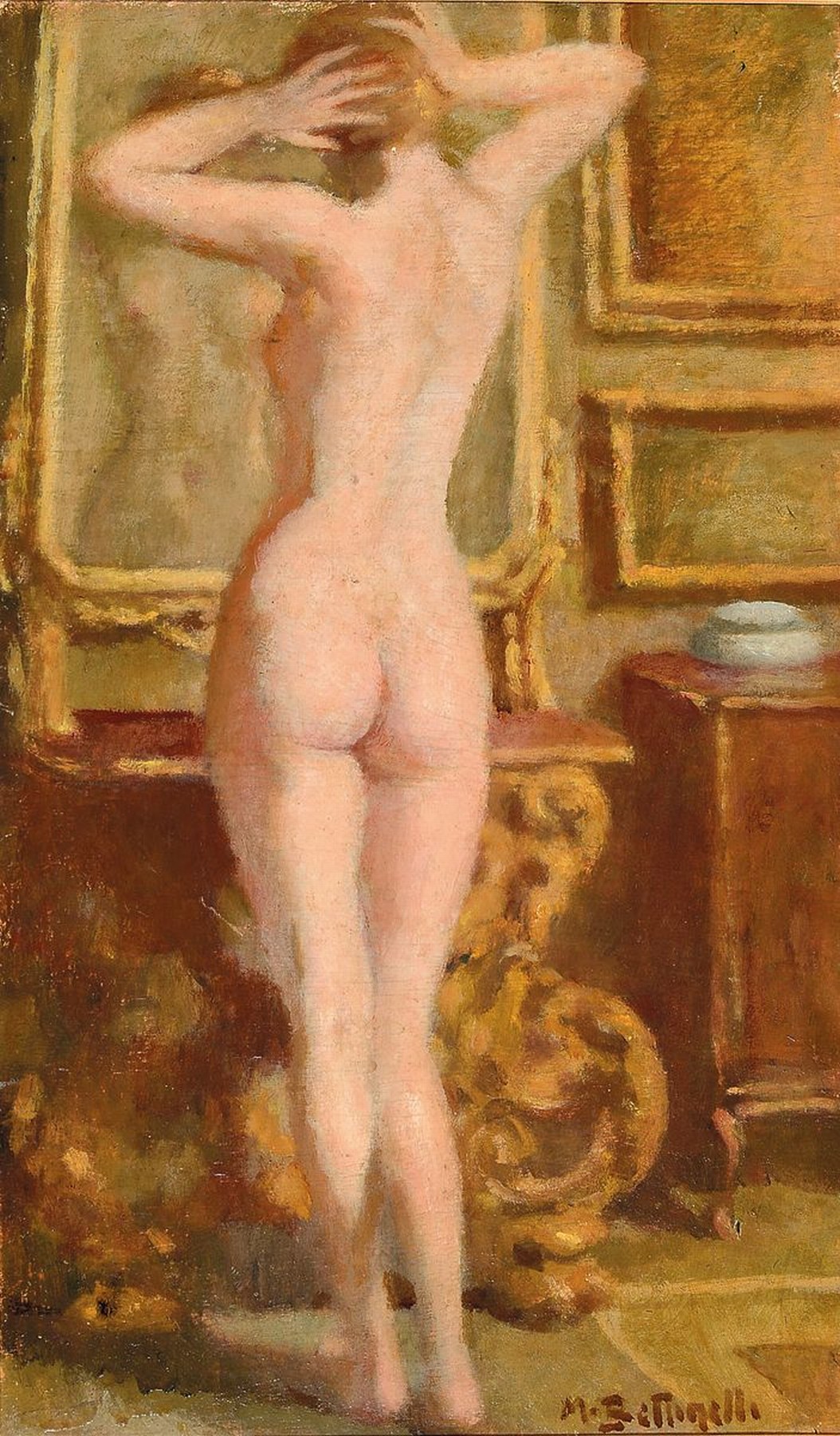 Mario Guiseppe Bettinelli, 1880 Treviglio - 1953 Mailand, Rückenakt, Öl/Platte, li. u. signiert, ca. 48 x 28 cm, Rahmen: 66 x 47 cm, l. ...
