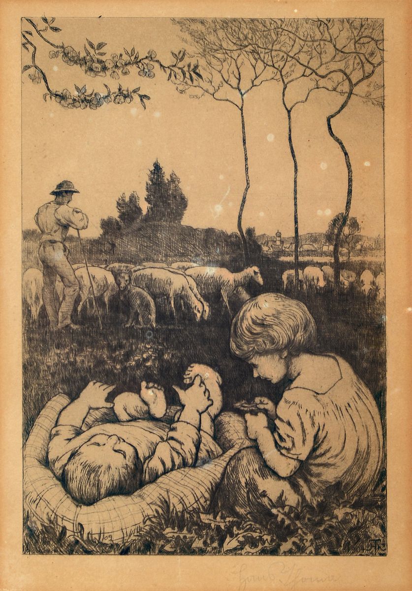 Hans Thoma, 1839 -1924, zwei Radierungen, Ziegenhirten /Mutterslehn 1911, ca. 20 x 23.5 cm, handsigniert und Idyll, handsigniert, gebräunt bzw. ...