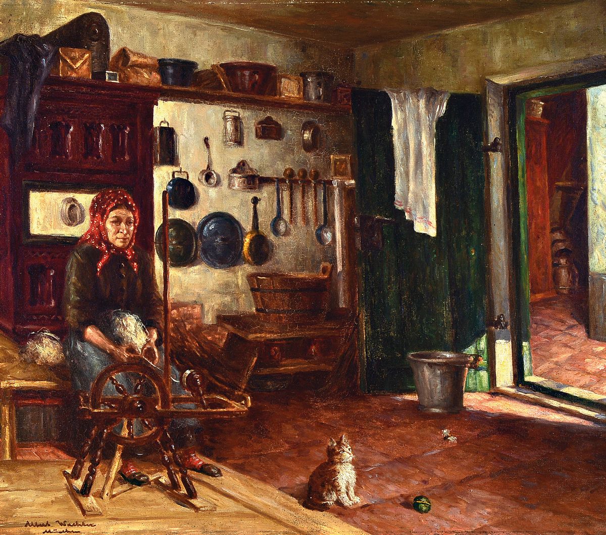 Albert Wachter, München, 19./20. Jh., Frau am Spinnrad mit Katze im Vordergrund, Öl/Lwd, li. u. signiert, ca. 55 x 64 cm