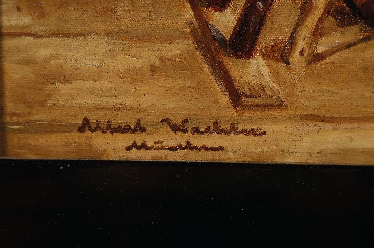 Detail a: Albert Wachter, München, 19./20. Jh., Frau am Spinnrad mit Katze im Vordergrund, Öl/Lwd, li. u. signiert, ca. 55 x 64 cm