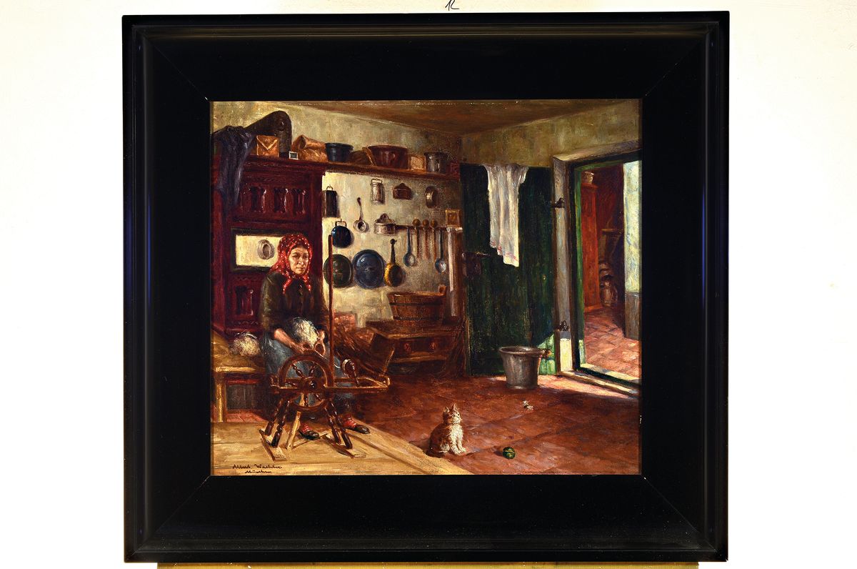 Detail k: Albert Wachter, München, 19./20. Jh., Frau am Spinnrad mit Katze im Vordergrund, Öl/Lwd, li. u. signiert, ca. 55 x 64 cm