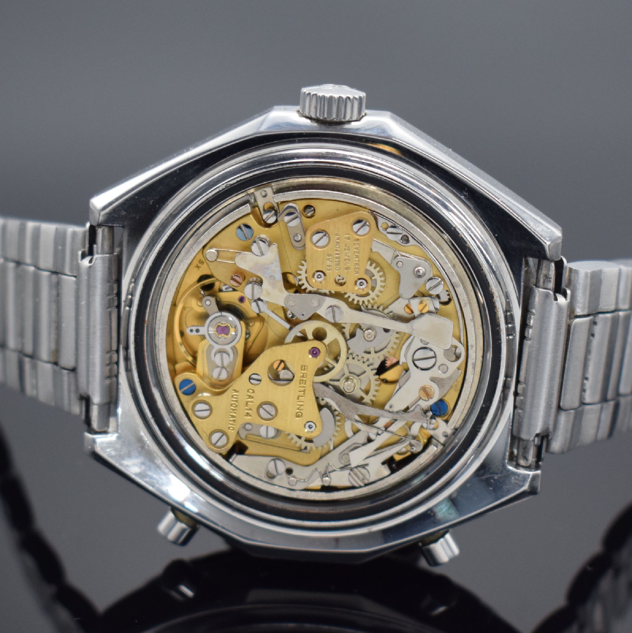 Detail d: BREITLING Cosmonaute Chrono-Matic Herrenchronograph Referenz 1809, Schweiz um 1969, Automatik, Edelstahlgeh. inkl. neutr. Gliederband m. Faltschl., ...
