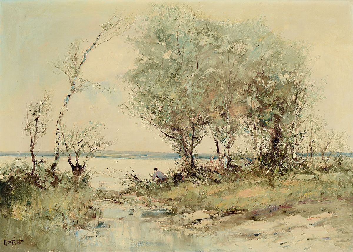 Otto Wild, 1898 Trostberg-1971 Hamburg, Flusslandschaft mit Angler am Ufer, Öl/Lwd, links unten signiert, ca. 53x69cm/63x80cm, Rahmen