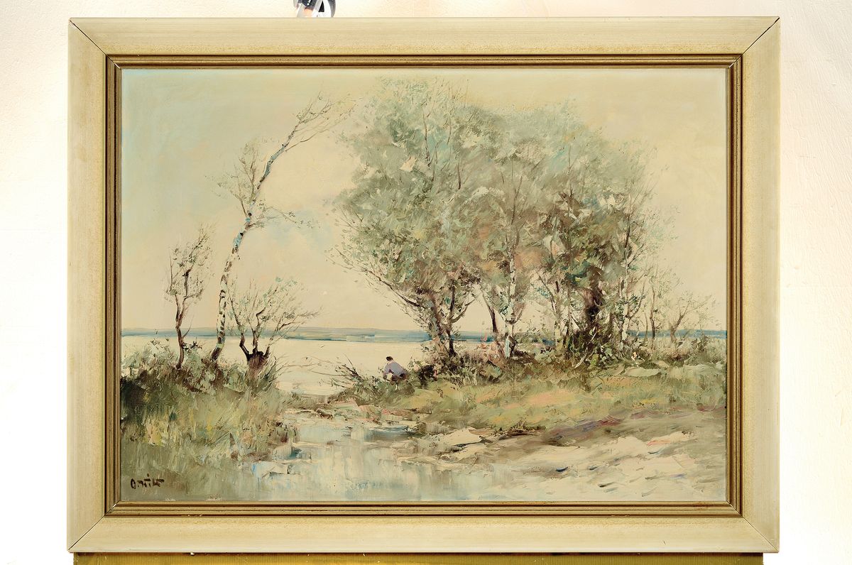 Detail k: Otto Wild, 1898 Trostberg-1971 Hamburg, Flusslandschaft mit Angler am Ufer, Öl/Lwd, links unten signiert, ca. 53x69cm/63x80cm, Rahmen