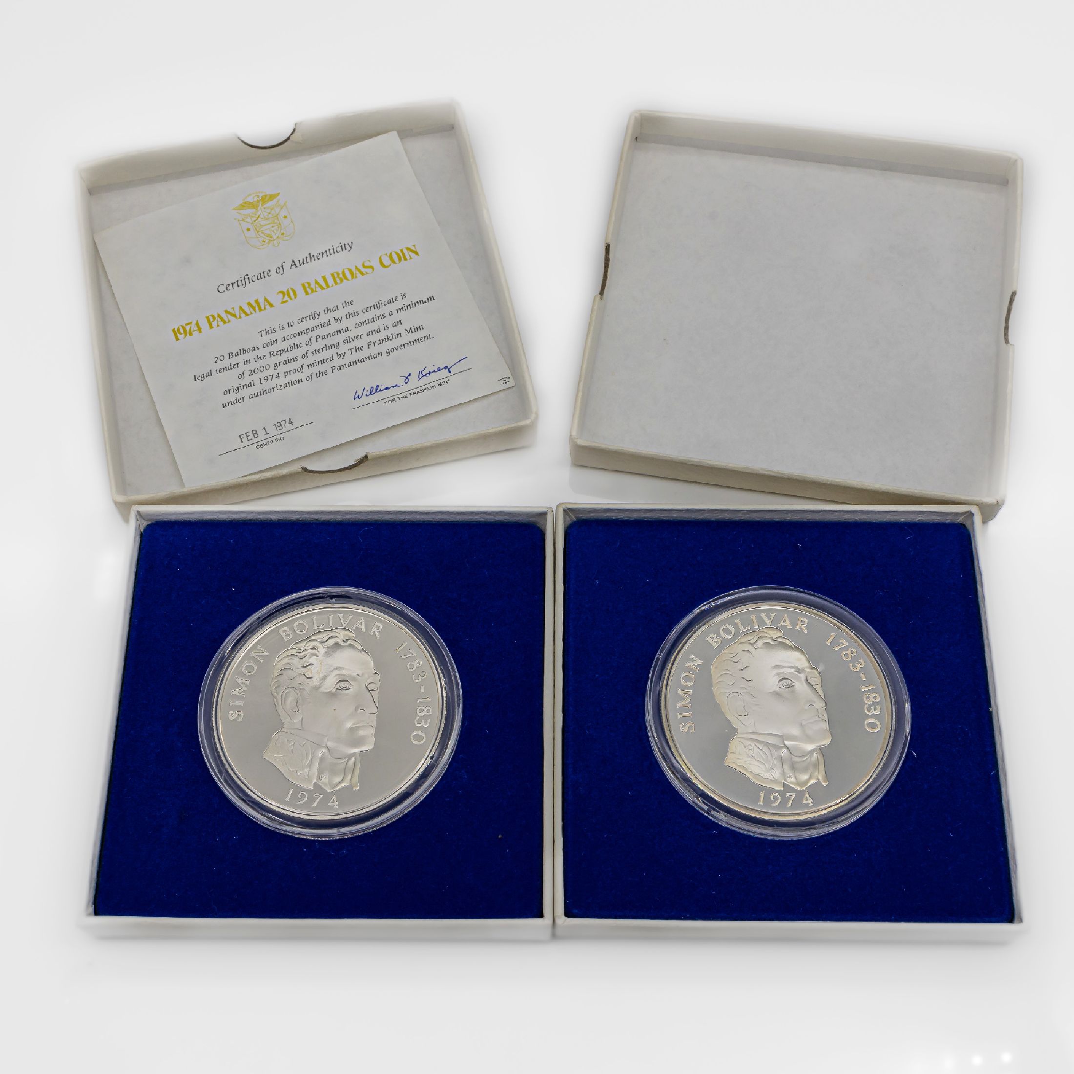 Konvolut 2 Silbermünzen 20 Balboas, Panama, 1974, Simon Bolivar 1783-1830, rv: Republica de Panama, 925er Silber