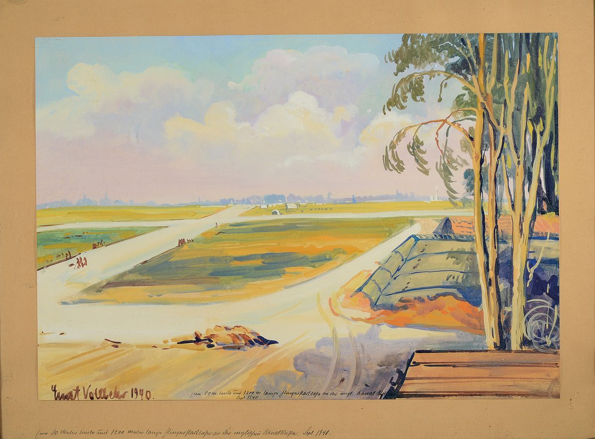 Ernst Vollbehr, 1876 Kiel - 1960 Krumpendorf am Wörthersee, Aquarell, bez. "80 Meter breite und 1220 Meter lange Fliegerstartbahn an der ...