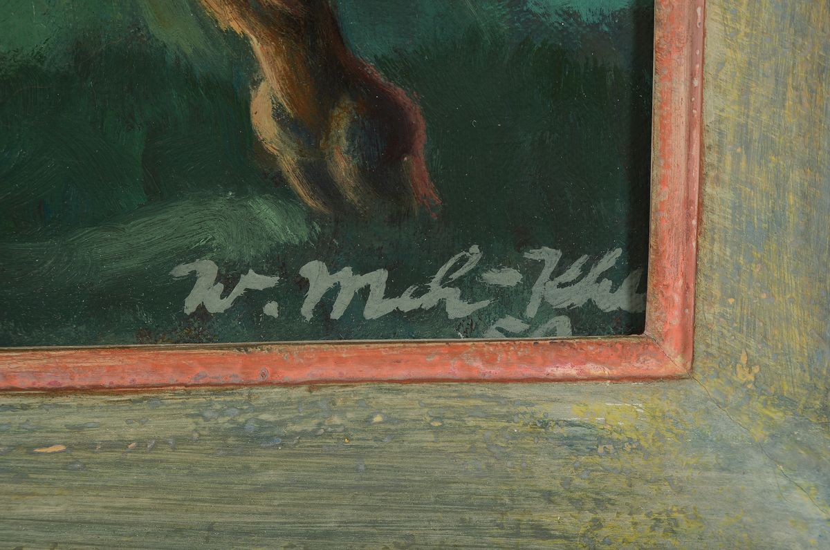 Detail a: Willi Münch-K'he 1885-1960 Karlsruhe, Öl/Lwd, zwei Fohlen in anthropolisierender, neckischer Szene, schwierige Stellung der Tiere, feine ...