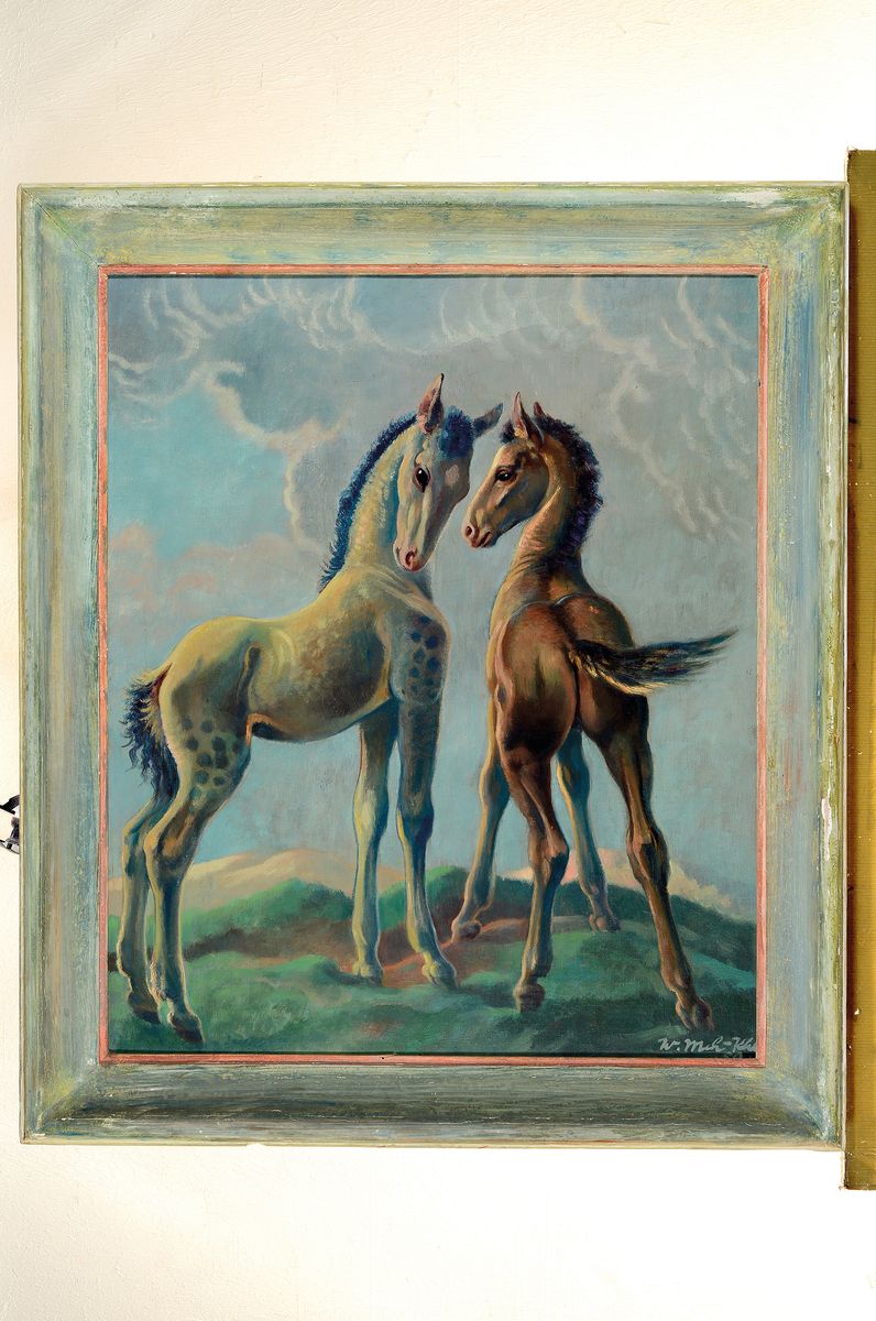 Detail k: Willi Münch-K'he 1885-1960 Karlsruhe, Öl/Lwd, zwei Fohlen in anthropolisierender, neckischer Szene, schwierige Stellung der Tiere, feine ...