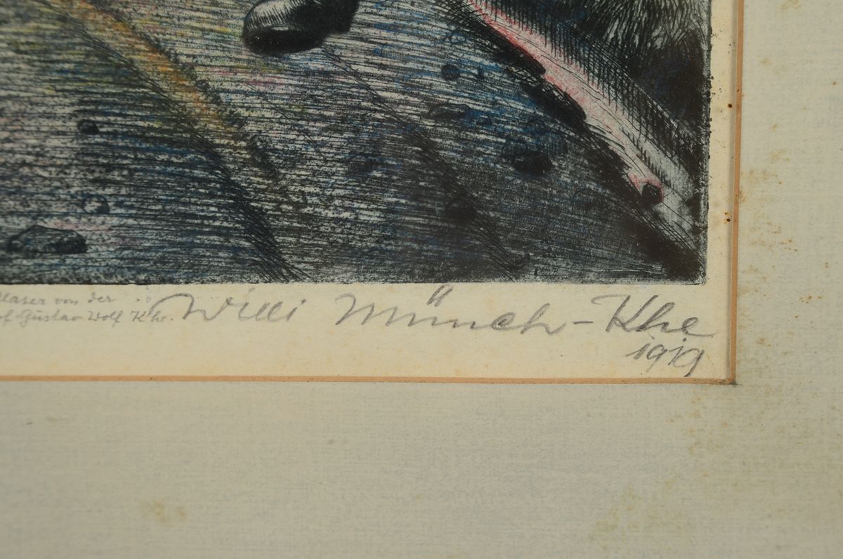 Detail a: Willi Münch-K'he, 1885-1960 Karlsruhe, Radierung, "Die Geborgenen," bez:" Vorzugsabzug einziges koloriertes Blatt ...", ...