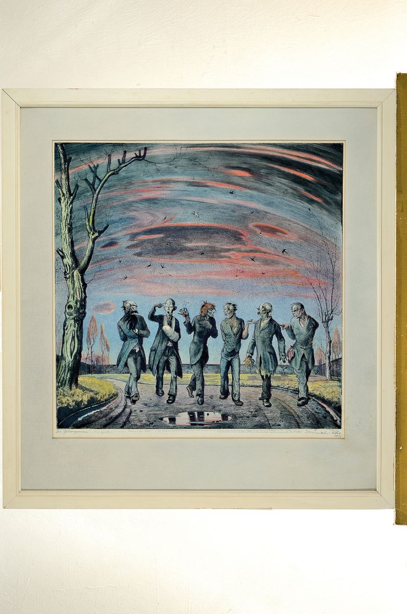Detail k: Willi Münch-K'he, 1885-1960 Karlsruhe, Radierung, "Die Geborgenen," bez:" Vorzugsabzug einziges koloriertes Blatt ...", ...
