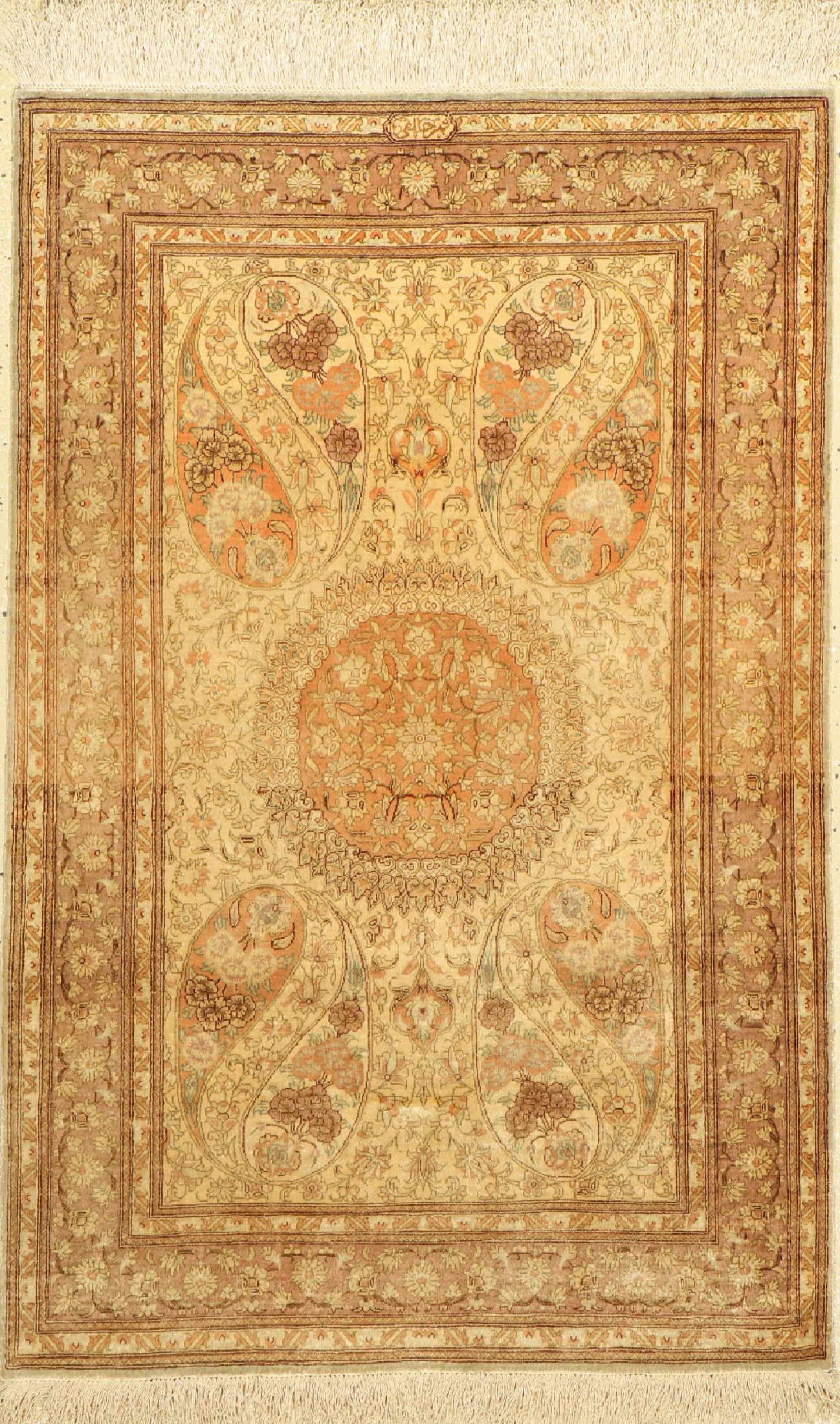 Ghom Seide fein, signiert, Persien, ca. 50 Jahre, reine Naturseide, ca. 120 x 78 cm, ca. 1,0 Mio. Kn/qm, verblasst, EHZ: 2