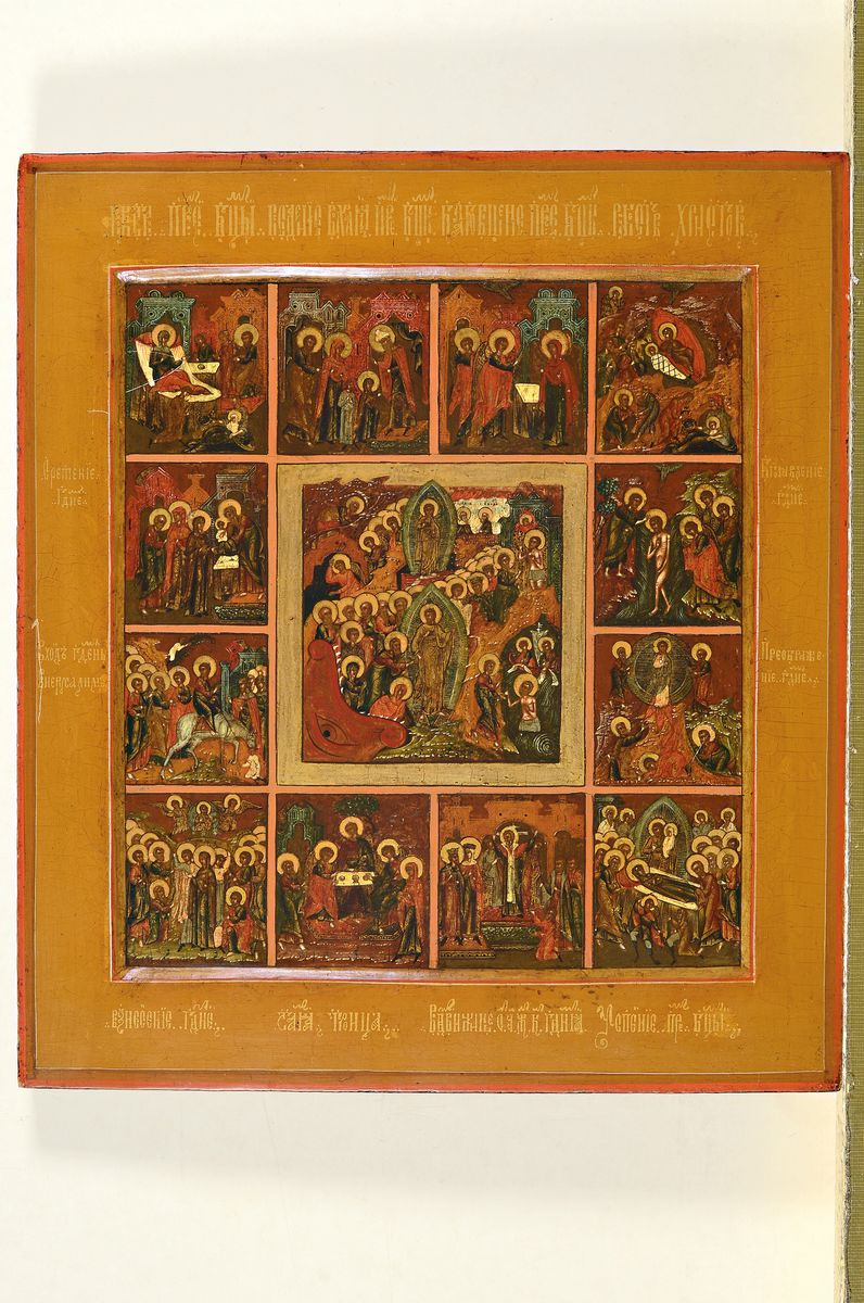 Detail k: Ikone, Russland, um 1800, Christi Auferstehung und Festtage, mittig Osterbild , kleine Felder mit Szenen aus dem Leben Jesu und der Gottesmutter, ...