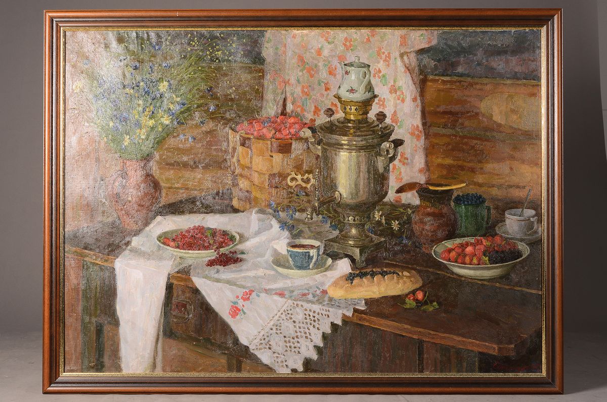 Detail k: Stanislav Prilutskij, geb. 1951 Kursk, großformatiges Bauernstillleben von 1993, signiert, Öl/Lwd, rückseitig auf der Leinwand in kyrill. ...