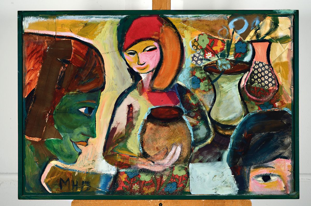 Detail k: Margret Hofheinz-Döring, 1910-1994, Die Gärtnerinnen, Öl und Collage auf Malkarton, monogr. MHD, rückseitig betitelt