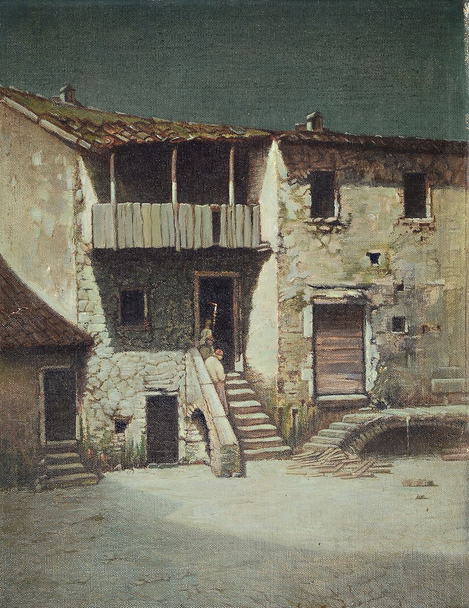 E. von Bulmerincq, Kopie nach Hermann Urban,"Mondnacht in Anticoli", Mondlandschaft mit Blick auf eine Häuserfront, Öl/Karton, signiert ...