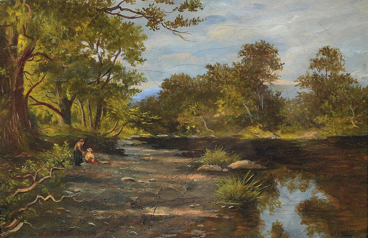 W. Hunter, wohl englischer Maler um 1919, Waldlandschaft mit Personen, Öl/Lwd, krakeliert, signiert, ca. 21 x 30 cm, unter Glas, Rahmen, dieser ...