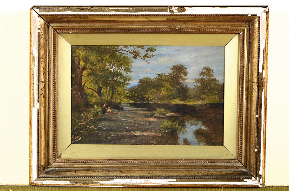 Detail k: W. Hunter, wohl englischer Maler um 1919, Waldlandschaft mit Personen, Öl/Lwd, krakeliert, signiert, ca. 21 x 30 cm, unter Glas, Rahmen, dieser ...