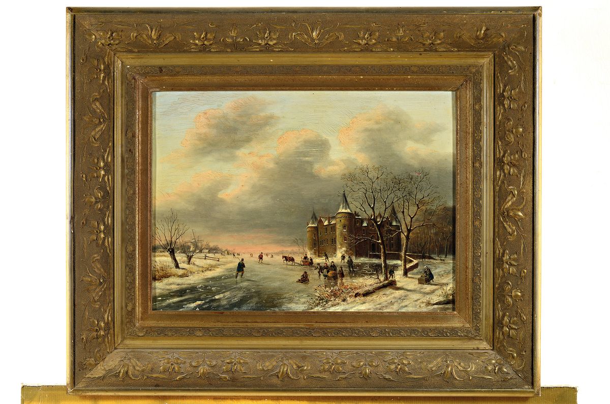 Detail k: Sebastian Thodorus Voorn Boers, 1828 - 1893 Rotterdam, Stillleben- u. Landschaftsmaler in altniederländischer Manier, Winterlandschaft mit typisch ...