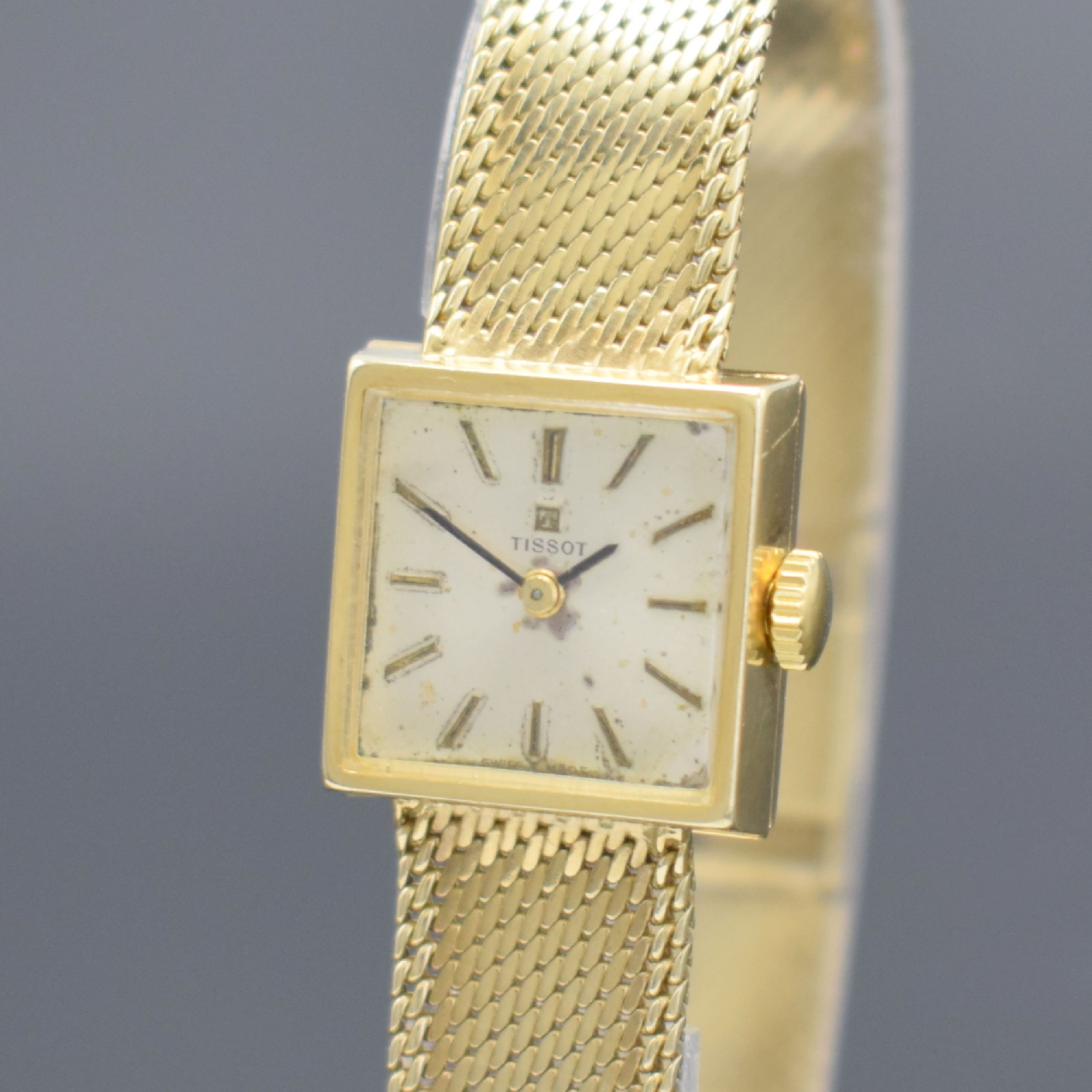 Detail a: TISSOT Damenarmbanduhr in GG 585/000, Schweiz um 1965, Handaufzug, Geh. an Goldband in GG 585/000, Boden aufgedr., silb. Zifferbl. pat./fl., aufgel. ...