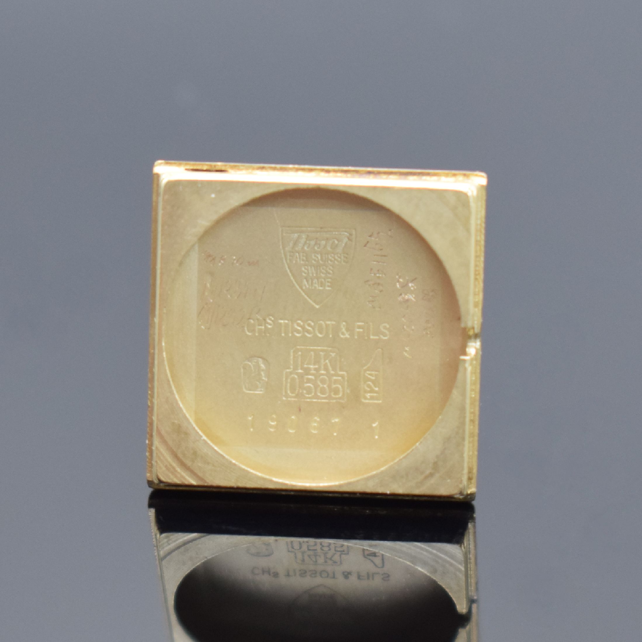 Detail f: TISSOT Damenarmbanduhr in GG 585/000, Schweiz um 1965, Handaufzug, Geh. an Goldband in GG 585/000, Boden aufgedr., silb. Zifferbl. pat./fl., aufgel. ...