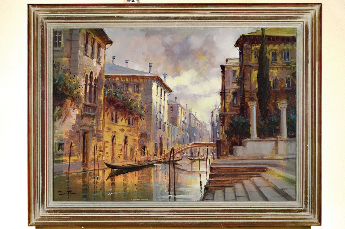 Detail k: Scotte, Künstler des 20.Jh., Ansicht aus Venedig, links unten signiert, Öl/Lwd, Rahmen, 62x82 cm