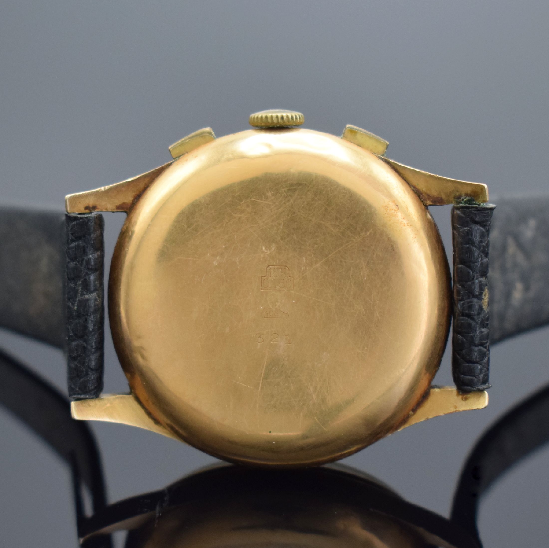 Detail c: BRITIX Herrenarmbanduhr mit Chronograph in GG 750/000, Schweiz um 1950, Handaufzug, Geh. dell., Boden & Glasrand aufgedr., Zifferbl. m. arab. Zahlen ...
