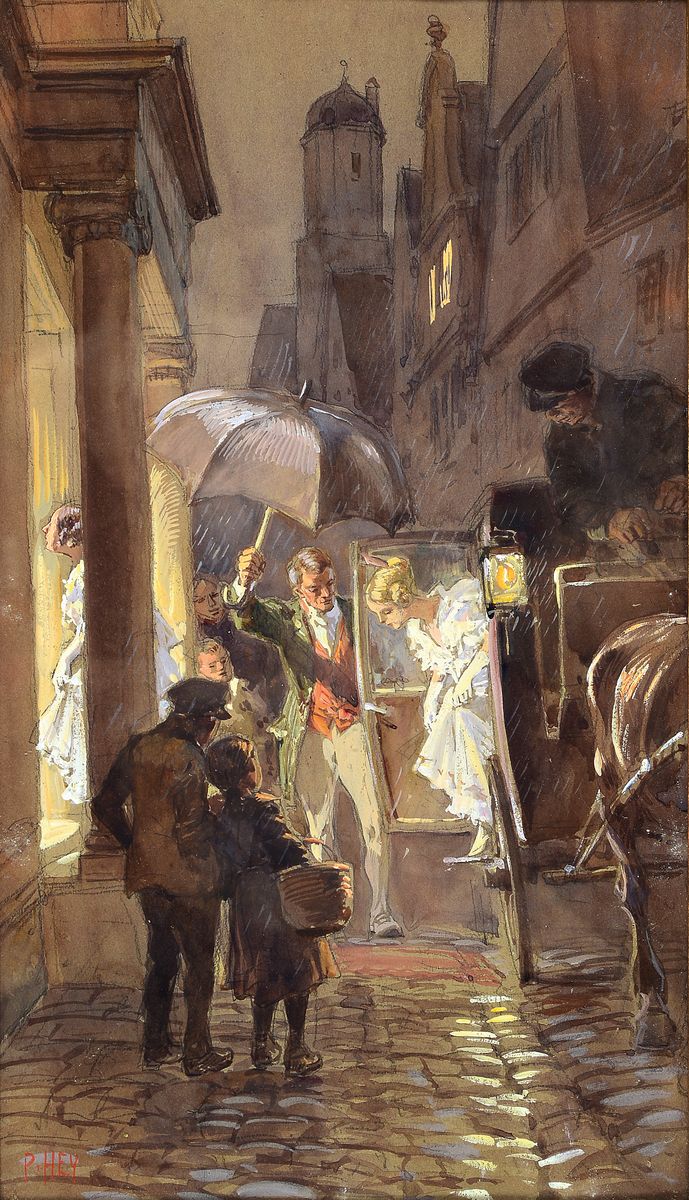 Paul Hey, 1867 München-1952 Gauting, Gouache, junge Debütantin steigt aus der Kutsche aus, li.u. rot signiert, ca. 36 x 21 cm, unter Glas, Rahmen