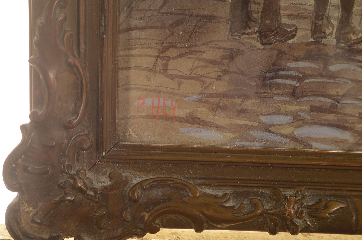 Detail a: Paul Hey, 1867 München-1952 Gauting, Gouache, junge Debütantin steigt aus der Kutsche aus, li.u. rot signiert, ca. 36 x 21 cm, unter Glas, Rahmen