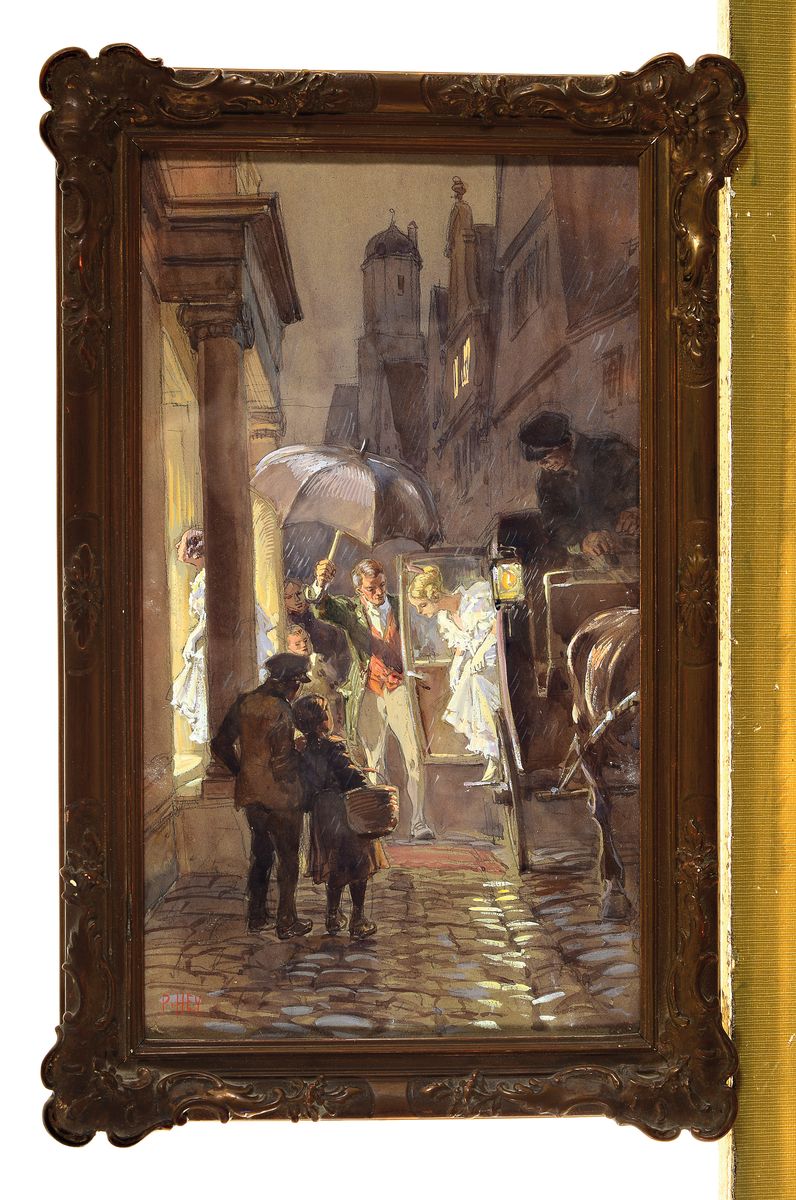 Detail k: Paul Hey, 1867 München-1952 Gauting, Gouache, junge Debütantin steigt aus der Kutsche aus, li.u. rot signiert, ca. 36 x 21 cm, unter Glas, Rahmen
