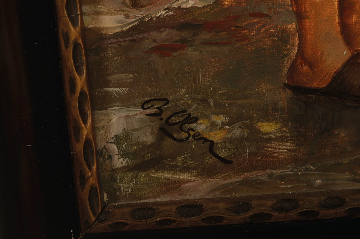 Detail a: B. Olsen, Porträtmaler Ende des 19.Jh., Junge am Strand, eine Pfeife stopfend, links unten signiert, Öl/Lwd, Rahmen, ca. 72x45 cm