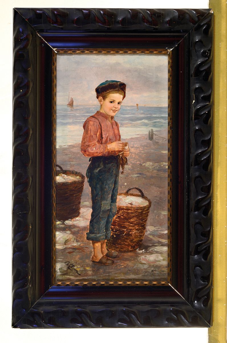 Detail k: B. Olsen, Porträtmaler Ende des 19.Jh., Junge am Strand, eine Pfeife stopfend, links unten signiert, Öl/Lwd, Rahmen, ca. 72x45 cm